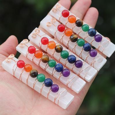 China China Wholesale Bulk 7 Chakra Healing Crystal Beads With Copper Wire Wrapped Selenite Crystal Stick Raw Wand Crafts For Meditation for sale