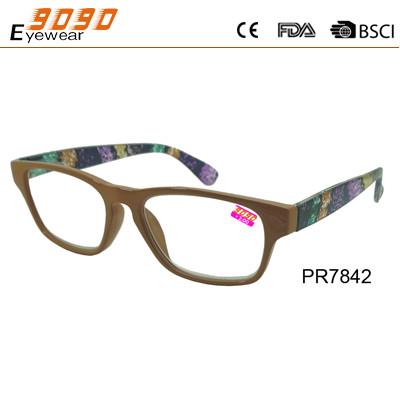 China Fashionable reading glasses,made of plastic frame with pattern on the temple for sale