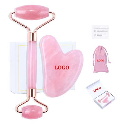 China Custom Logo Rose Quartz Roller Face Lift and Wholesale Jade Roller Gua Sha Set Gua Sha Stone Eye Gua Sha Rose Massage Stone Tool for sale