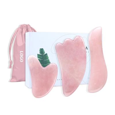 China S Shaped Facial Massager Tool Jade Gua Sha Stone Rose Quartz Guasha Massager Set 3pcs Rose Quartz Gua Sha Popular Heart Horn Massager for sale