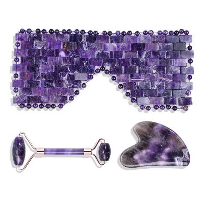 China 3pcs Face Lift Amethyst Roller Gua Sha Eye Mask Set Wholesale Purple Crystal Jade Roller and Gua Sha Eye Mask Beauty Stone Supplier for sale