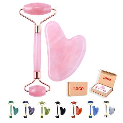 China Natural face lift gemstone jade roller and gua sha set facial jade crystal stone green amethyst rose quartz obsidian pink purple j for sale