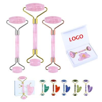 China Natural Rose Quartz Roller Face Beauty Massager Private Label Pink And Purple And Green Jade Roller Gua Sha Set Anti Aging Face R for sale