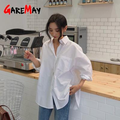 China 2021 Viable Spring Autumn Women Shirts White Plain Loose Laidies Plus Size Blouses Female Tops Loose Korean Style Blusas Pockets for sale