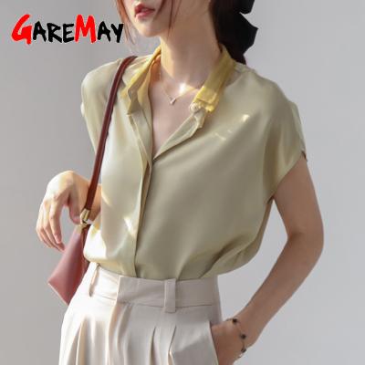 China 2021 summer silk satin blouses female smooth women's blouses with collar short sleeve office tops elegant shirts white ladies for sale