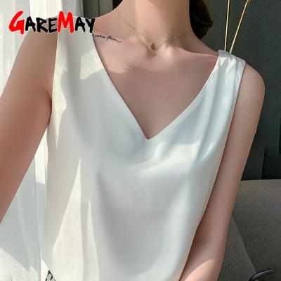 China 2021 Summer Elegant Chiffon Basic V-Neckline Viable Women's Blouses Plus Size Casual Silk Satin Fabric Shirts White Blouses For Women for sale