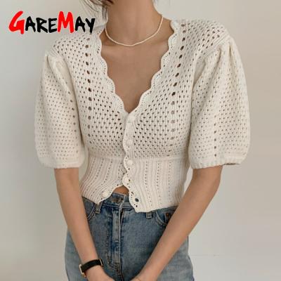 China Viable Plus Size Korean Women Blouses Simple Chic Straight Waist V-neck Short Sleeve Puff Shirt Woven Hollow Knit Top for sale