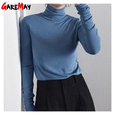 China Anti-Shrink Turtle Neck Long Sleeve T-Shirts For Women Slim Colorful Basic T-shirt Female Spring Plus Size Women's Cotton T-shirt for sale