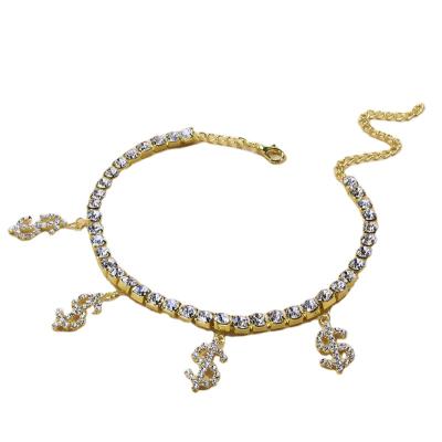 China 2021 New BOHEMIA Fashion Cuban Link Dollar Symbol Shiny Diamond Crystal Women Anklets for sale