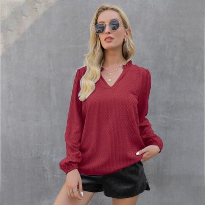 China China Elastic Long Sleeve Women's Gold V-neck Anti-wrinkle Blowout Blouses And Shirts Supplie for sale