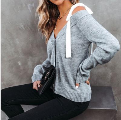 China Breathable High Quality Customized Button Off Shoulder Sling Custom Knitted Sweater for sale