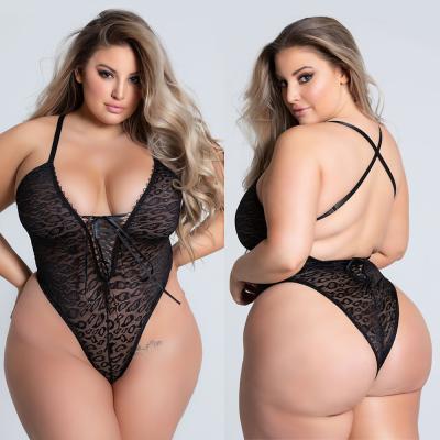 China Hot Sale Breathable Leopard Net Yarn Plus Size Lace Underwear One Piece Lingerie for sale