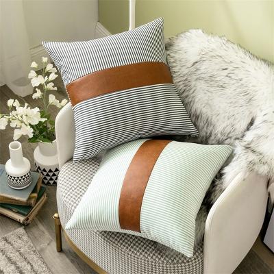 China Durable Waterproof PU Leather Cushions Covers Decorative Canvas Stripe Pillow Cover For Sofa Bed Car Seat Home Luxury Tile Case for sale