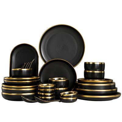 China Viable Nordic Style Dishes And Plate 9pcs 18pcs 26pcs Set Luxury Tableware For Weddings Hotel Dinner Matte Black Dishes for sale