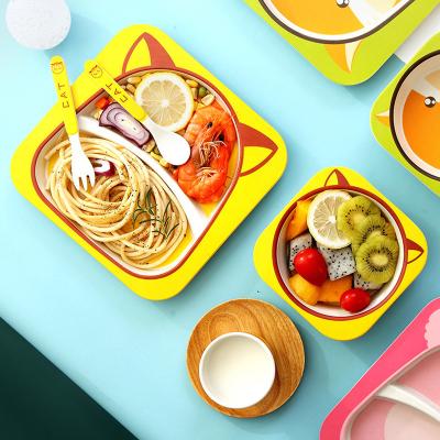 China Country Factory Bamboo Fiber Kids Tableware Set Creative Cartoon Bowl Dish Spoon Fork Cup 5 Pieces Gift Tableware Set for sale