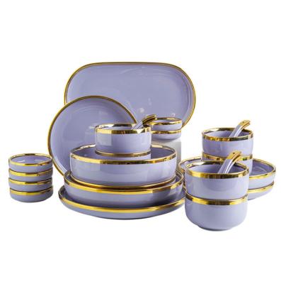 China 2021newyear Luxury Ceramic Party Tableware Gold Viable Purple Rim Decor Dinner Plate Sets for sale