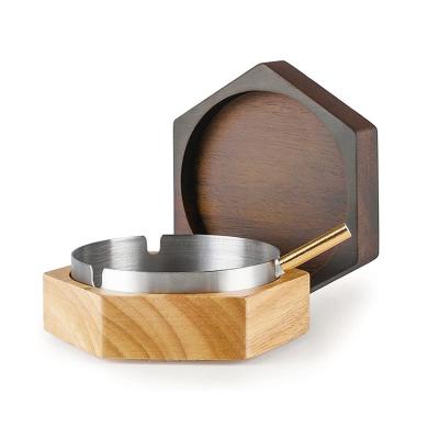 China 2021 New Home Ashtray Hotel Restaurant Hexagonal Stainless Steel Wood Indoor Cigar Wooden Ashtray With Lid for sale