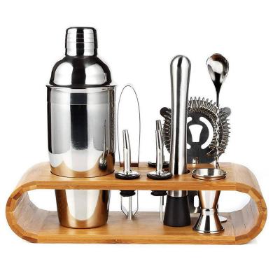 China 2021 Custom Viable Wholesale Bamboo Rack Stainless Steel Bar Supplies Bar Tools Cocktail Shaker Kit Bartender for sale