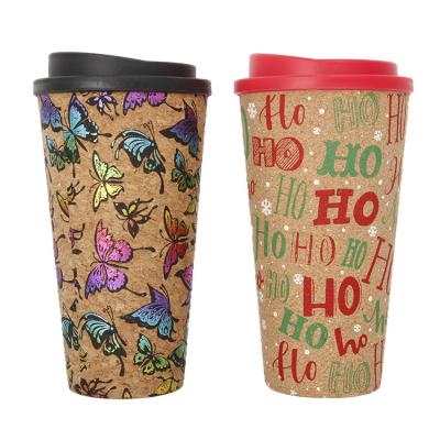 China Reusable 450ml Wooden Water Tumbler Travel Coffee Mug Eco-Friendly Reusable Cork Coffee Mug With Flip Lid for sale