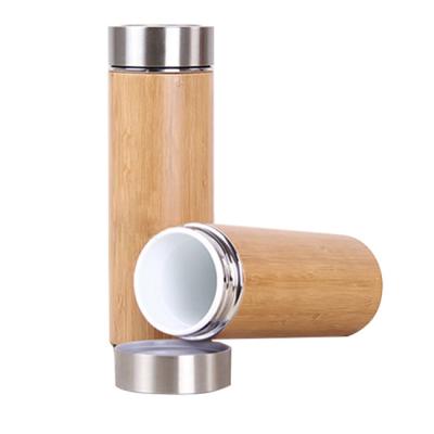 China Business 350ml BPA Free Mini Capacity 18/8 Stainless Steel Inner Bamboo Insulate Water Bottle Vacuum Flask Bamboo Thermos for sale