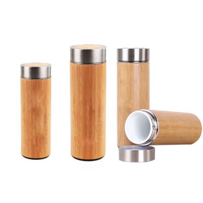 China Business 450ml Double Layer Stainless Steel Inner Bamboo Insulate Water Bottle Vacuum Flask Coffee Tea Bamboo Thermos for sale