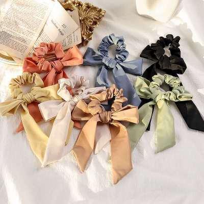 China New designer hair decoration PH-063 Girl Lady Fabric soft bow hair scrunchies Cheap big hair scrunchies with tail for sale