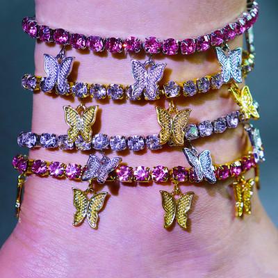 China Hot Selling Charms Design A-0032 Trendy Butterfly Anklet Chain Pendant Jewelry Making Multi Layer Rhinestone Anklet for sale