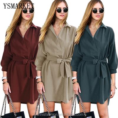 China YSMARKET Autumn Women's Anti-Static Ladies Sleeve Half Lapel Casual Mini Dress E8087 Loose Shirts Dress for sale