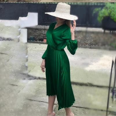 China Anti-Static Elegant Women Sheath Long Midi Dress Ladies V-Neck Formal Dress Evening Pleated Dress for sale