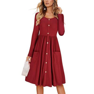 China New Autumn Fashion O-neck anti-static pocket sheath long women dress solid dress a-line high waist OL style S-3XL for sale