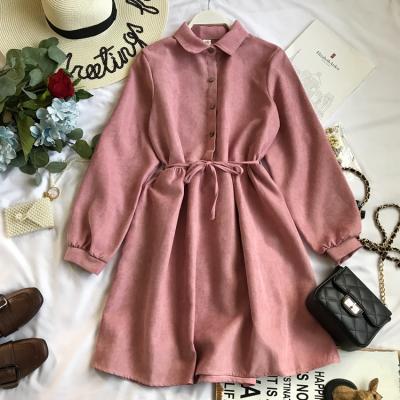 China New Autumn Winter Women Long Sleeve Corduroy Dress Anti-Static Belts Tie Bow Female Dresses Midi Dress A Line Long for sale