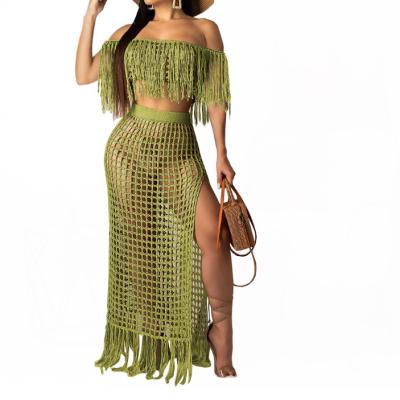 China Anti-Static Women's Two Piece Set Off The Shoulder Dress Tube Top Mesh Tassel Dresses Beach Summer Dress for sale