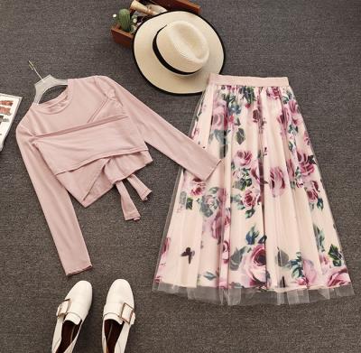 China Elegant Autumn Temperament Fashion Long Sleeve Women's Skirts Set Spring Top And Mesh Skirt Two Pieces Set E392 Anti-Static for sale