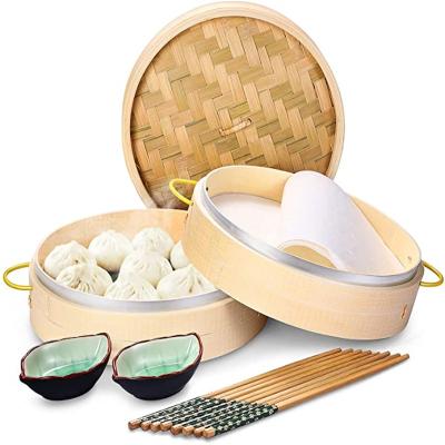 China Newell Handmade Craft 10 Inch 2 Tier Sustainable Food Vegetable Steamer Basket Natural Bamboo Set with Custom Logo and Box for sale