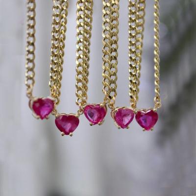 China Hot Selling Instagram Solid Gold 18K Gold Cuban Link LOVE Romantic Micro Heart Cuban Link Red Chain Necklace For Gift for sale