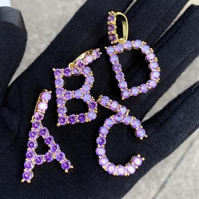 China New Arrival HipHop Lab Purple Diamond 26 Letters Pendant In Glazed Brass Out Of A-Z Letter Pendants for sale