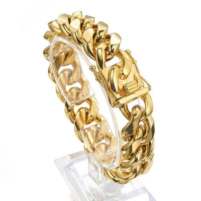 China Hip Hop Bracelet 18K Real Gold Plated Stainless Steel HipHop Miami Cuban Link Bracelet For Men Jewelry for sale