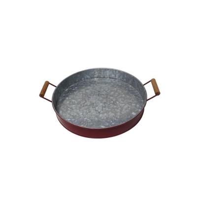 China 2021 New Design Hot Selling Eco-friendly Galvanized Round Metal Serving Tray With Wooden Handles for sale