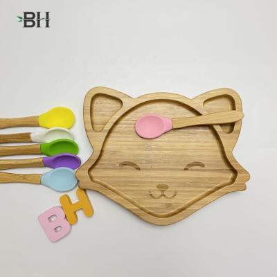 China Natural Bamboo Flat Kids Eco Friendly Baby Feeding Fox Shape With Suction Base for sale