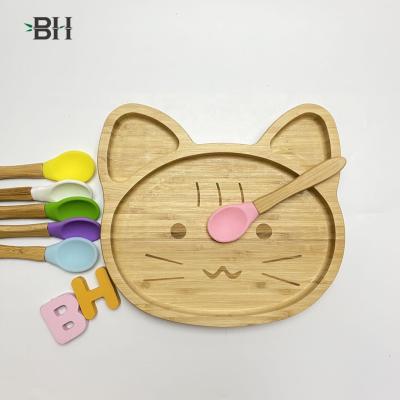 China Bamboo Eco Friendly Baby Feeding Dishes Children Infant Cat Shape With Suction Base for sale