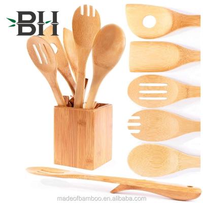 China Sustainable Wooden Spoons For Cooking 5-Piece Bamboo Utensil Set Flat Bases Spatula Wooden Spoon Non-Stick Kitchen Utensil Set Premiu for sale