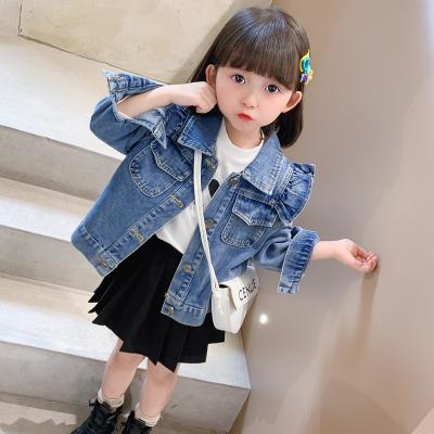 China Unique Design Soft Kids Breathable Fall Coat Korea Style High Quality Ruffle On The Shoulder Girl Jeans Jacket for sale