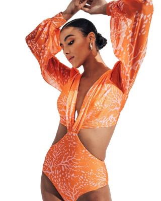 China 2022 New Breathable Swimwear Women Print Flare Puffy One Piece Swimsuit Sheath Retro Surfer Swimsuit Vintage Strap Ruffle Beachwear for sale