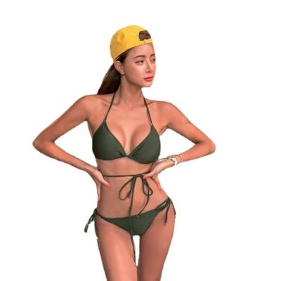 China New vacation triangle split bikini swimsuit QUICK-DRY female sexy wind tie swimwear bikini three-point bikini set for sale