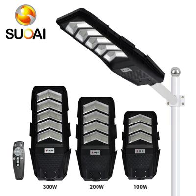 China ROAD SUOAI Outdoor Waterproof High Power Ip65 100w 200w 300w Black All In One Solar Led Street Light for sale