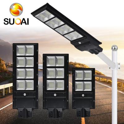 China ROAD SUOAI Pir Sensor Black Outdoor Lighting energy saving Ip65 waterproof 60w 90w 120w all in one solar led street light for sale