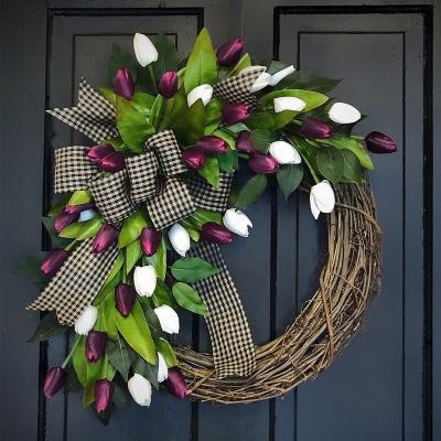 China Tulip Wreath Door Daily Wreath Simulation Spring Home Decoration Hanging Door Decoration Natural Rattan Year-Round for sale