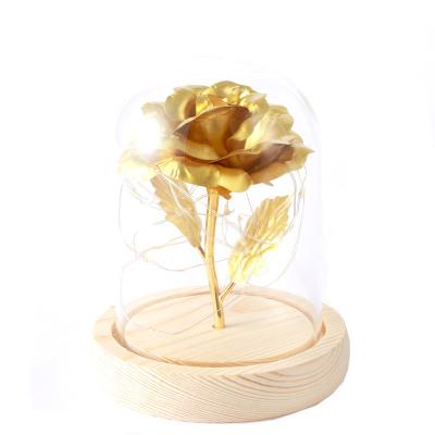 China Fashional 24K Gold Foil Three Rose Flower Glass Cover Ornaments Creative Luminous Valentine's Day Gift LED Gift for sale