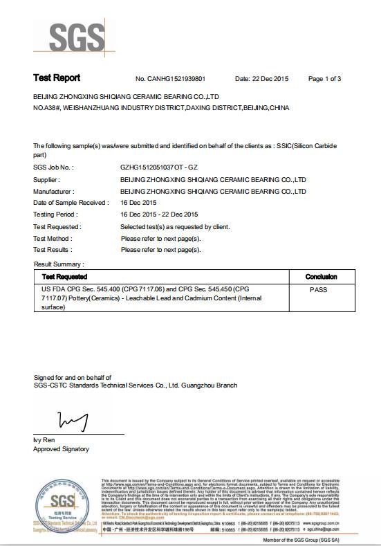 FDA - Beijing Zhongxing Shiqiang CERAMIC BEARING Co., Ltd.