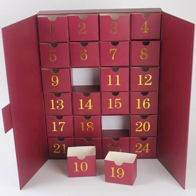 China Cosmetics Drawer Recyclable Red Cardboard Advent Calender Custom Box With Stamping Logo for sale